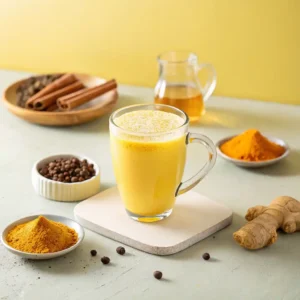 Ein durchsichtiges Glas mit goldener Kurkuma-Milch auf einem hellen Tisch, umgeben von kleinen Schälchen mit Zimtstangen, Kurkumapulver, Pfefferkörnern, Ingwerwurzel und Honig.