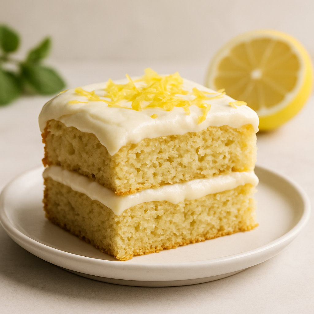 Zwei Schichten veganer Zitronenkuchen mit cremigem Zitronenfrosting und Zitronenzesten, serviert auf einem weißen Teller.