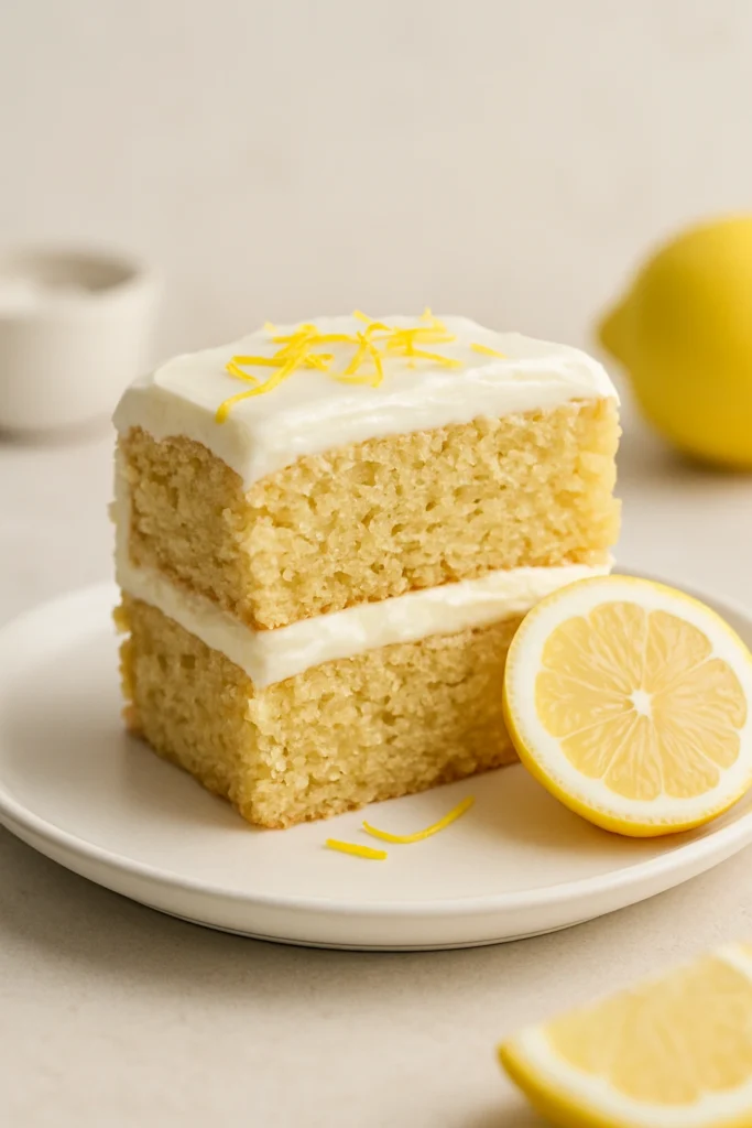 Doppellagiger veganer Zitronenkuchen mit Zitronenfrosting, serviert mit einer frischen Zitronenscheibe.