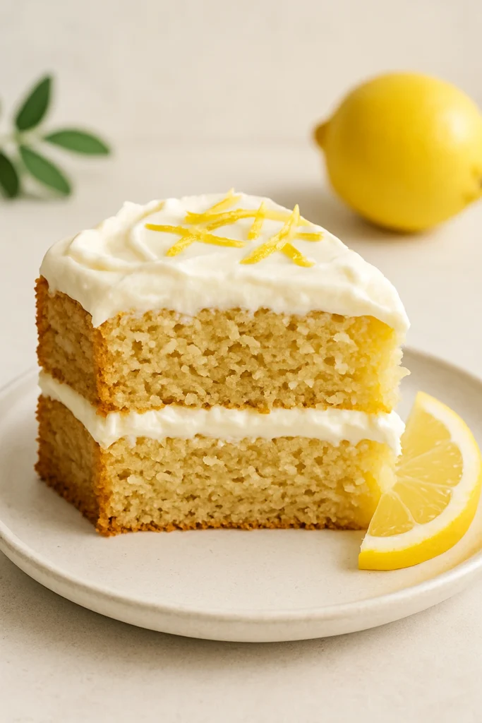 Doppelschichtiger veganer Zitronenkuchen mit glattem Zitronenfrosting und Zitronenzesten als Garnitur.
