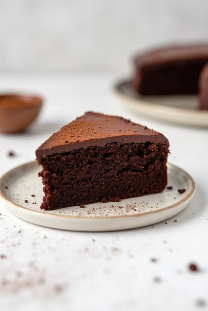 Ein Stück veganer Schokoladenkuchen mit glatter Schokoladenglasur, serviert auf einem kleinen weißen Teller, leicht bestäubt mit Kakaopulver, vor hellem Hintergrund.