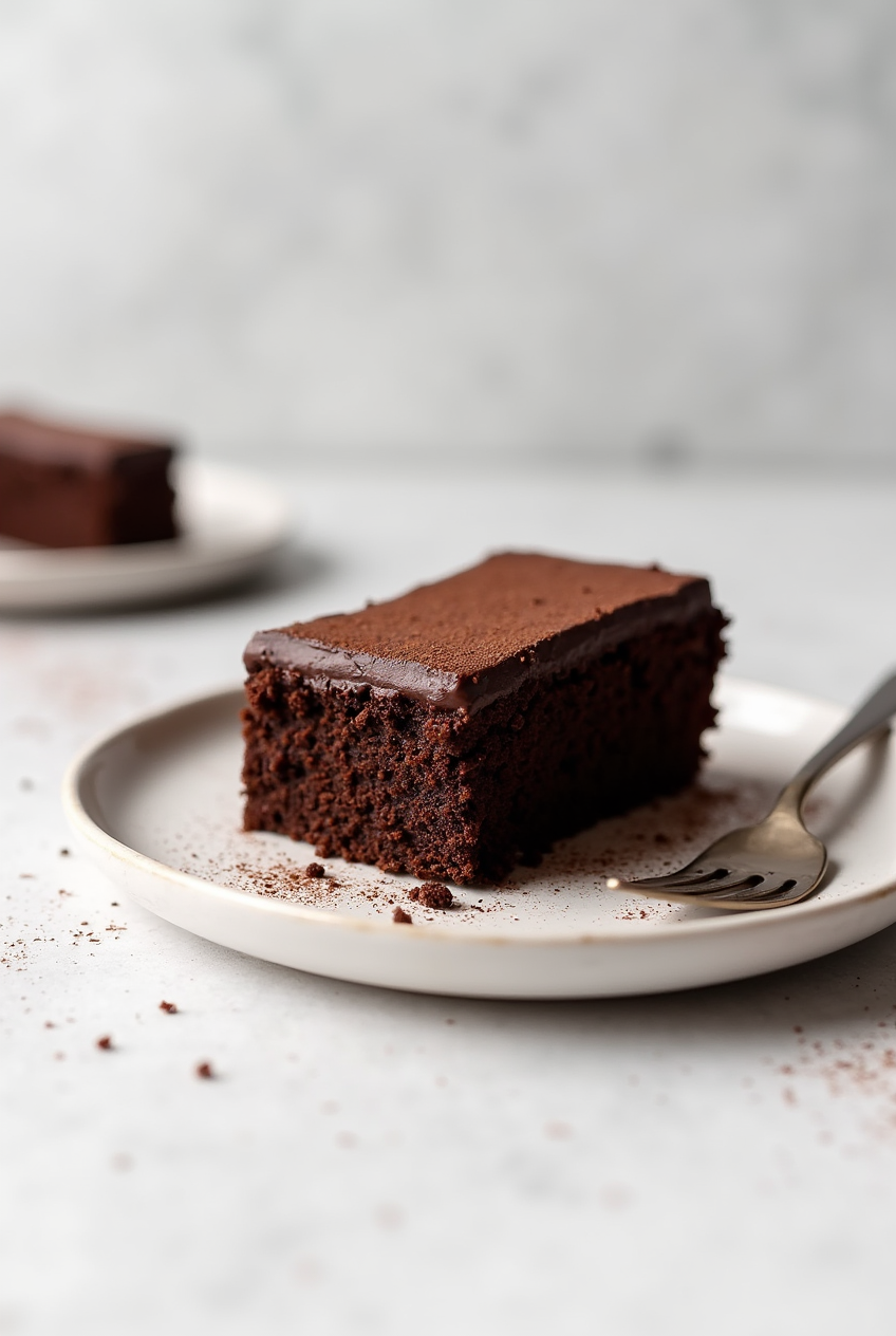 Ein Stück veganer Schokoladenkuchen mit glänzender Schokoglasur auf einem weißen Teller, fotografiert auf hellem Marmorhintergrund mit einer Gabel daneben.